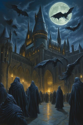 hogwarts,castle of the corvin,haunted cathedral,gothic architecture,haunted castle,witch's house,hall of the fallen,ghost castle,halloween background,fantasy picture,halloween poster,heroic fantasy,murder of crows,halloween ghosts,gargoyles,hamelin,witch house,fantasy art,halloween and horror,halloween scene,Illustration,Realistic Fantasy,Realistic Fantasy 03