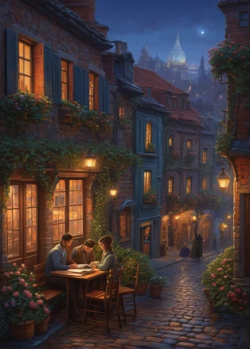 evening atmosphere,night scene,medieval street,the cobbled streets,medieval town,old town,cobblestone,old city,fantasy picture,fantasy landscape,cobblestones,fantasy art,romantic night,romantic scene,paris cafe,world digital painting,hamelin,the old town,in the evening,spa town,Illustration,Realistic Fantasy,Realistic Fantasy 27