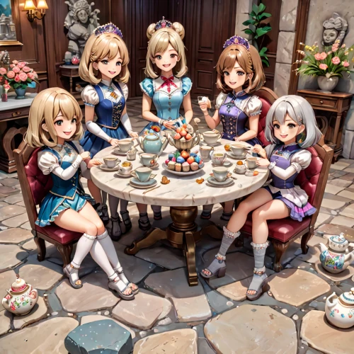 tea party,tea party collection,doll kitchen,tea service,marzipan figures,doll's festival,tea set,alice in wonderland,poker primrose,afternoon tea,tea time,teatime,cake buffet,sweet table,high tea,card table,gnomes at table,porcelain dolls,thirteen desserts,chess game,Anime,Anime,General