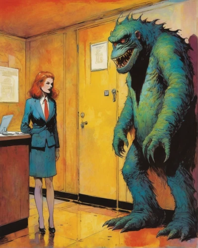 sci fiction illustration,business appointment,saurian,night administrator,the thing,godzilla,receptionist,bank teller,crocodile woman,primeval times,business meeting,job interview,financial advisor,king kong,receptionists,man-eater,neon human resources,giant lizard,t rex,harassment,Illustration,Paper based,Paper Based 12