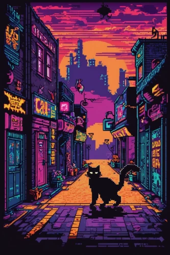 80s,pixel art,dog street,cyberpunk,alley cat,8bit,80's design,halloween wallpaper,dusk,color rat,halloween background,turbografx-16,ipê-purple,fantasy city,retro,retro halloween,animal lane,pixaba,street cat,alley,Unique,Pixel,Pixel 04