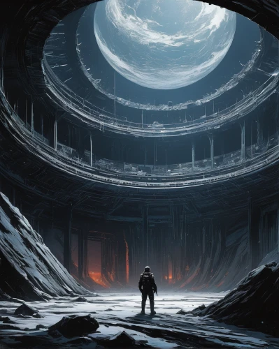 hall of the fallen,ice planet,pantheon,ice cave,stargate,below,barren,wormhole,sci fiction illustration,threshold,panopticon,concept art,vault,crevasse,immenhausen,old earth,cold room,borealis,the ruins of the,coliseum,Illustration,Black and White,Black and White 27
