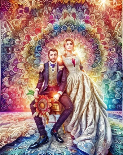 wedding photo,wedding couple,kaleidoscope art,psychedelic art,silver wedding,married,prism ball,wedding frame,matrimony,man and wife,just married,wedding invitation,bride and groom,marriage,tapestry,wedding icons,boho art,newlyweds,kaleidoscopic,romantic portrait