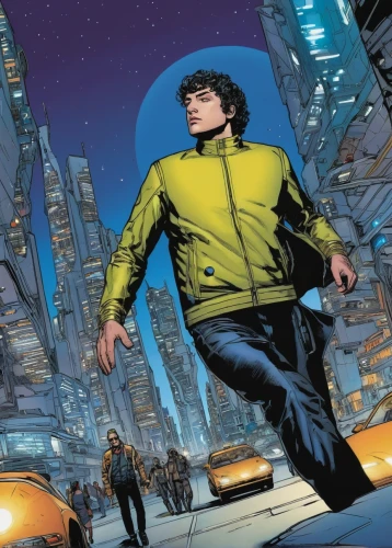 sci fiction illustration,star-lord peter jason quill,yellow jacket,pedestrian,a pedestrian,kryptarum-the bumble bee,cover,walking man,moon walk,science fiction,high-visibility clothing,valerian,comic book bubble,marvel comics,shaggy,green lantern,meteor rideau,comic book,superhero comic,book cover,Illustration,American Style,American Style 03