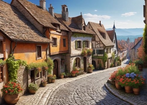 rothenburg,medieval street,alsace,medieval town,colmar,the cobbled streets,colmar city,half-timbered houses,knight village,bamberg,thun,cobblestones,cobblestone,strasbourg,medieval architecture,eguisheim,escher village,alpine village,france,shaftesbury,Conceptual Art,Oil color,Oil Color 19