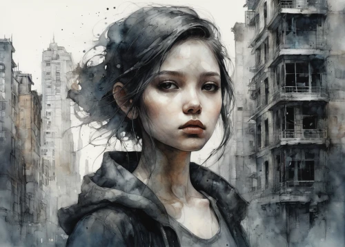 mystical portrait of a girl,girl portrait,girl in a long,city ​​portrait,world digital painting,young girl,young woman,portrait of a girl,han thom,girl walking away,light rain,selanee henderon,janome chow,walking in the rain,fineart,in the rain,art painting,overcast,girl with speech bubble,oil painting on canvas,Illustration,Abstract Fantasy,Abstract Fantasy 18