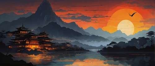 world digital painting,japan landscape,fantasy landscape,bird kingdom,chinese temple,oriental,mulan,chinese lanterns,lanterns,chinese clouds,lantern,forbidden palace,asian architecture,yunnan,ancient city,hanging temple,chinese art,chinese background,dragon boat,oriental painting,Illustration,Abstract Fantasy,Abstract Fantasy 18