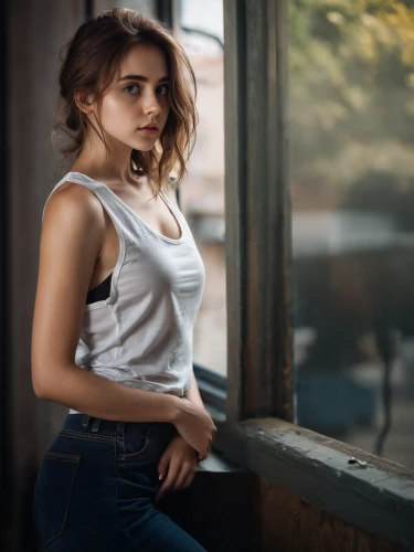 girl in t-shirt,cotton top,jeans background,portrait photography,white shirt,female model,young woman,girl in overalls,in a shirt,girl sitting,women's clothing,jeans,beautiful young woman,women clothes,denim,portrait photographers,see-through clothing,girl portrait,woman portrait,pretty young woman