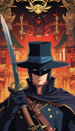 swordsman,swordsmen,gunfighter,black hat,game illustration,steam icon,musketeer,samurai,athos,inspector,scythe,hatter,king sword,would a background,masquerade,top hat,the ruler,witch's hat icon,samurai sword,frame illustration,Illustration,Japanese style,Japanese Style 03