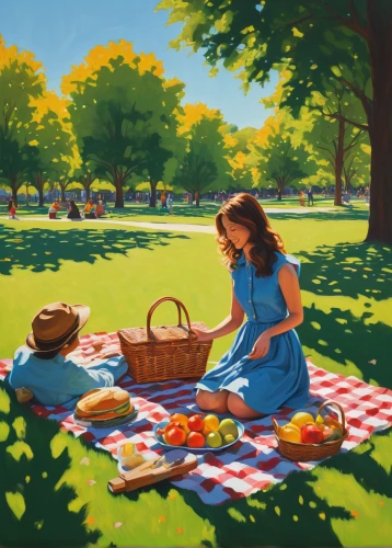 girl picking apples,picnic,picnic basket,woman eating apple,girl with bread-and-butter,woman holding pie,red tablecloth,family picnic,picnic table,watermelon painting,tablecloth,painting easter egg,child in park,girl with cereal bowl,painting eggs,oil painting,apple orchard,oil painting on canvas,woman playing,art painting,Conceptual Art,Daily,Daily 02