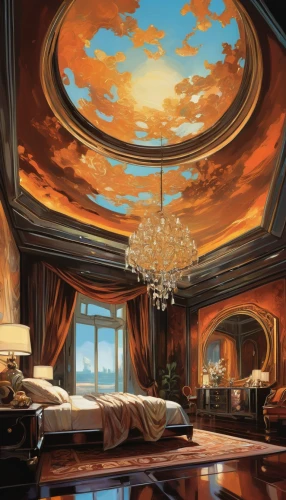 ornate room,sleeping room,great room,the ceiling,stucco ceiling,sky apartment,luxurious,ceiling lamp,ceiling lighting,luxury hotel,skylight,on the ceiling,ceiling construction,ceiling light,one room,fractals art,chandelier,ceiling fixture,canopy bed,ceiling,Conceptual Art,Oil color,Oil Color 04