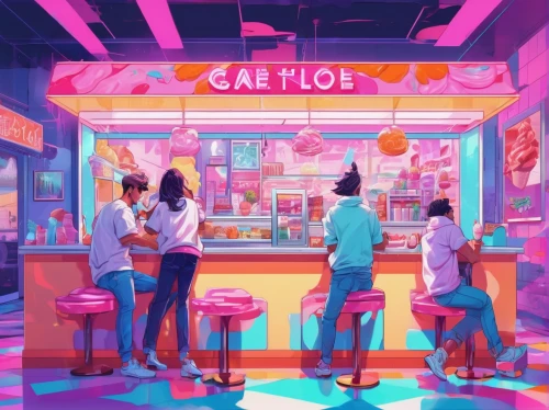 ice cream shop,soda shop,ice cream parlor,food court,neon candies,cake shop,retro diner,ice cream stand,soda fountain,neon ice cream,convenience store,neon coffee,donut illustration,fast food restaurant,candy shop,food hut,pastry shop,soft serve ice creams,candy store,the coffee shop,Conceptual Art,Daily,Daily 21