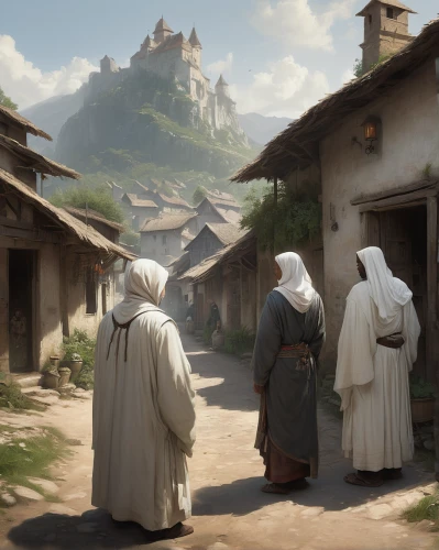 pilgrims,monks,medieval street,mountain settlement,knight village,mountain village,medieval town,village scene,villages,nomads,alpine village,medieval,village life,villagers,travelers,bethlehem,church painting,nativity village,the three magi,medieval market,Conceptual Art,Fantasy,Fantasy 11