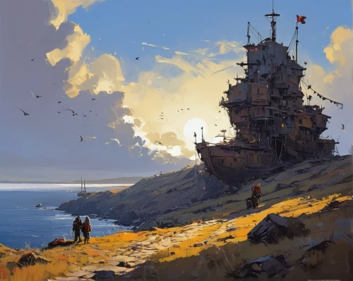 ship wreck,gunkanjima,sea stack,shipwreck,cliffs,ruined castle,cliff top,harbor,lighthouse,the wreck of the ship,sea landscape,coastal landscape,old ships,old ship,shipyard,citadel,fantasy landscape,sea fantasy,dreadnought,exploration of the sea,Conceptual Art,Sci-Fi,Sci-Fi 01