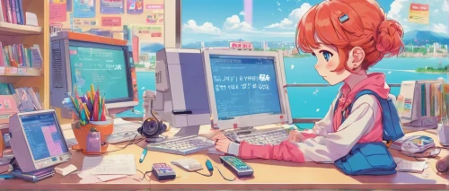 classroom,girl studying,study room,girl at the computer,desk,school desk,workspace,class room,book store,desk top,study,working space,bookstore,children studying,bookworm,computer,library,student,tutoring,tutor,Illustration,Japanese style,Japanese Style 02