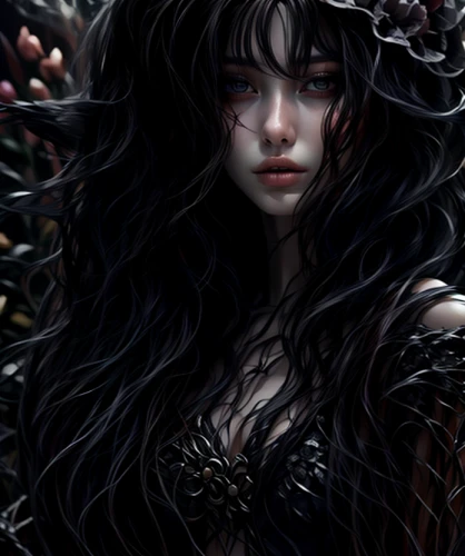 the enchantress,dryad,fantasy portrait,black rose,fantasy art,elven flower,dark art,background ivy,dark elf,rusalka,thorns,faery,ivy,crow queen,sorceress,artemisia,filigree,crown of thorns,fantasy woman,splintered