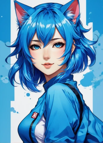 nepeta,cat on a blue background,cyan,kitsune,calico,nyan,blu,fuki,piko,2d,aqua,azure,ferry,cub,cheshire,calico cat,ganai,blue background,blue painting,parka,Illustration,Japanese style,Japanese Style 04