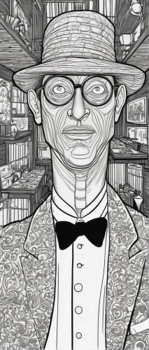 shopkeeper,librarian,book illustration,white-collar worker,clerk,self-portrait,apothecary,coloring page,elderly man,biologist,hatter,sales man,reading glasses,vendor,sci fiction illustration,vincent van gough,digital illustration,pensioner,pork-pie hat,hotel man,Illustration,Black and White,Black and White 18