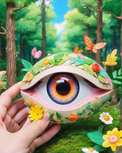 3d fantasy,children's eyes,mushroom landscape,eye,the eyes of god,peacock eye,clay animation,eye ball,cartoon forest,eye butterfly,forest mushroom,eye cancer,3d,anime 3d,paper art,tree mushroom,fairy house,eyeball,fairy forest,eye glass accessory,Illustration,Japanese style,Japanese Style 02