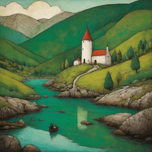 church painting,fredric church,david bates,sognefjord,river landscape,little church,olle gill,andreas cross,slovenia,island church,khokhloma painting,fjords,fisherman's house,the black church,monastery,geirangerfjord,coastal landscape,bernina,black church,nordland,Art,Artistic Painting,Artistic Painting 49