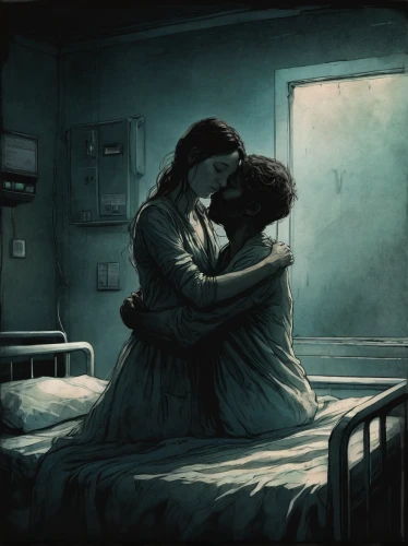 illness,lover's grief,heartache,resuscitation,romantic scene,sci fiction illustration,cuddling,heart pain,depression,hospital bed,lovesickness,sorrow,heartsickness,hospital gown,heartbreak,therapy room,cancer illustration,broken heart,the hands embrace,embrace,Illustration,Paper based,Paper Based 18