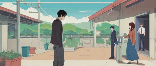 tall man,long son,convenience store,house silhouette,tall,tallest,anime japanese clothing,sakana,foreground,long,standing man,studio ghibli,bus stop,length,torii,kyoto,backgrounds,height,two meters,grocery,Illustration,Japanese style,Japanese Style 06