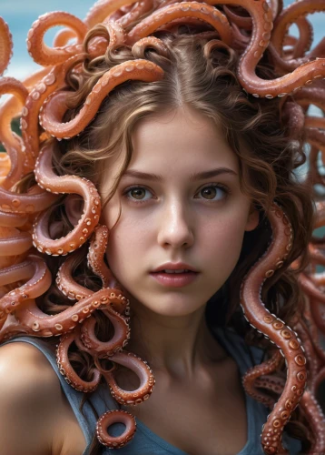 medusa,medusa gorgon,artificial hair integrations,pippi longstocking,gorgon,rapunzel,cnidaria,squid rings,octopus,cinnamon girl,octopus tentacles,coils,tentacles,tendrils,photoshop manipulation,curly string,mystical portrait of a girl,tentacle,girl in a wreath,image manipulation