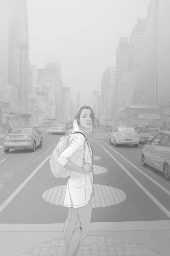 pedestrian,a pedestrian,woman walking,girl walking away,pedestrian crossing,sci fiction illustration,sprint woman,female runner,comic halftone woman,pedestrians,wonder woman city,crosswalk,vanishing point,pedestrian lights,digital compositing,city trans,beetle fog,mono-line line art,camera illustration,backgrounds,Design Sketch,Design Sketch,Character Sketch