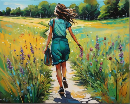 girl walking away,woman walking,girl picking flowers,little girl in wind,little girl running,little girls walking,girl in flowers,footpath,oil painting on canvas,girl in a long,walk,hare trail,girl in the garden,female runner,meadow rues,walking,pathway,walk with the children,meadow in pastel,oil painting,Illustration,Realistic Fantasy,Realistic Fantasy 23