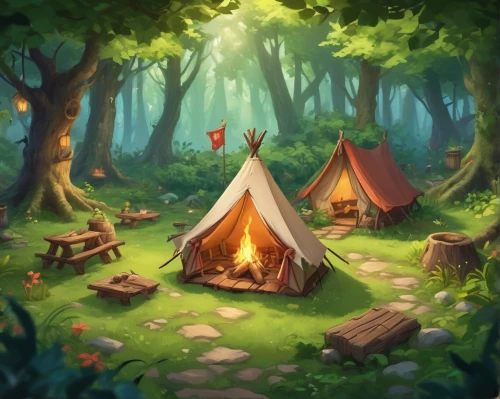 campsite,druid grove,tipi,tents,campfire,campfires,campground,teepees,camping tipi,teepee,camp,fairy village,fairy house,camping,forest background,knight tent,elven forest,tent,tent at woolly hollow,campers,Conceptual Art,Fantasy,Fantasy 31