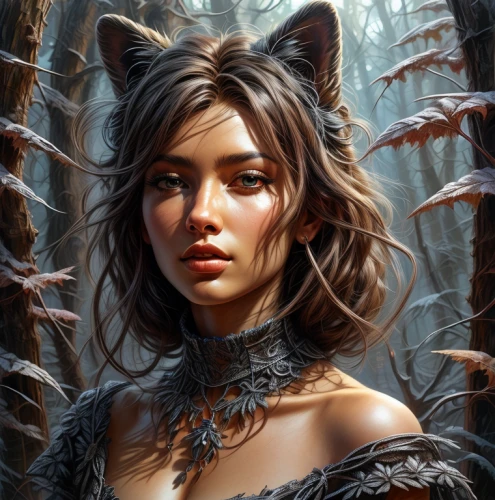 fantasy portrait,huntress,fantasy art,the enchantress,dryad,feline,feral,sorceress,heroic fantasy,wild cat,fantasy picture,feral cat,feline look,faerie,faery,mystical portrait of a girl,faun,dark elf,elven,fantasy woman