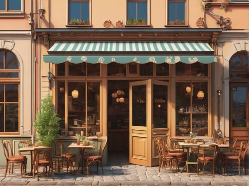 watercolor cafe,paris cafe,street cafe,watercolor tea shop,viennese cuisine,parisian coffee,bistro,cafe,coffee shop,café,bistrot,pastry shop,french digital background,the coffee shop,awnings,colored pencil background,tearoom,a restaurant,coffeehouse,bakery,Illustration,Realistic Fantasy,Realistic Fantasy 12