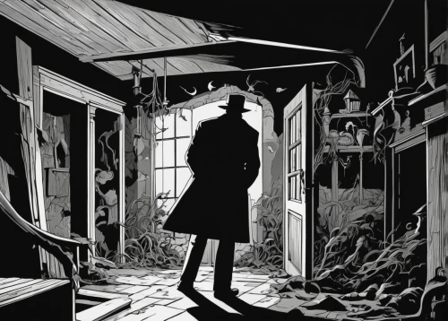 film noir,holmes,investigator,sherlock holmes,detective,ghost town,house silhouette,blind alley,hatter,gunfighter,inspector,book illustration,witch house,sci fiction illustration,undertaker,hitchcock,backgrounds,lostplace,in the shadows,night watch,Illustration,American Style,American Style 09