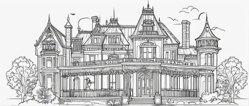 houses clipart,house drawing,coloring page,victorian house,coloring pages,victorian,art nouveau design,paris clip art,art nouveau,victorian style,hand-drawn illustration,architectural style,villa balbianello,gothic architecture,line-art,garden elevation,château,french building,palace,chateau,Illustration,Black and White,Black and White 04