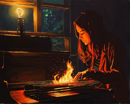 fire artist,girl studying,pianist,burning candle,burning candles,burning hair,woman playing,candlemaker,piano,open flames,campfire,burnt pages,piano player,oil painting on canvas,fireside,mystical portrait of a girl,han thom,candlelight,girl in the kitchen,burning house,Conceptual Art,Oil color,Oil Color 19