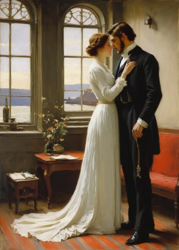 romantic portrait,young couple,courtship,romantic scene,wedding couple,engagement,man and wife,honeymoon,robert harbeck,romance novel,first kiss,idyll,wedding photo,love in the mist,amorous,debutante,bridegroom,lover's grief,the ball,asher durand,Art,Classical Oil Painting,Classical Oil Painting 12