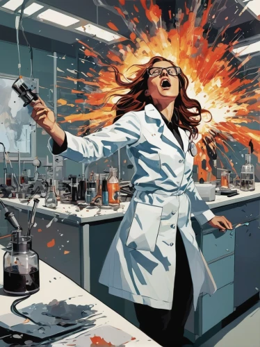 sci fiction illustration,women in technology,scientist,explode,exploding head,exploding,battery explosion,chemical laboratory,laboratory flask,biological hazards,natural scientists,chemical reaction,pathologist,chemist,microbiology,science education,lab,chemistry,biochemistry,atomic age,Conceptual Art,Oil color,Oil Color 08