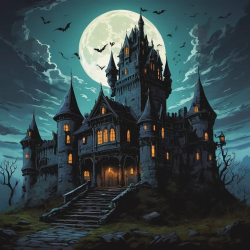 witch's house,haunted castle,witch house,ghost castle,the haunted house,castle of the corvin,fairy tale castle,haunted house,halloween background,halloween illustration,haunted cathedral,gothic architecture,halloween poster,halloween and horror,hogwarts,fairytale castle,halloween scene,knight's castle,gothic style,magic castle,Illustration,American Style,American Style 11