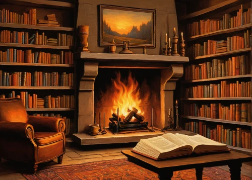 bookshelves,reading room,fireplace,fire place,fireplaces,bookcase,bookshelf,old library,book wall,log fire,study room,fire in fireplace,warm and cozy,fireside,read a book,books,library,book collection,bibliology,the books,Art,Classical Oil Painting,Classical Oil Painting 11