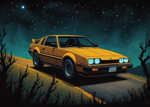 toyota ae85,moon car,subaru brat,amc eagle,yellow taxi,audi quattro,volkswagen golf,lancia delta,volvo 440,saab 99,volkswagen golf mk2,volkswagen scirocco,toyota tercel,audi 80,retro vehicle,volkswagen gti,toyota corolla,yellow car,ford granada,corolla,Illustration,Abstract Fantasy,Abstract Fantasy 19