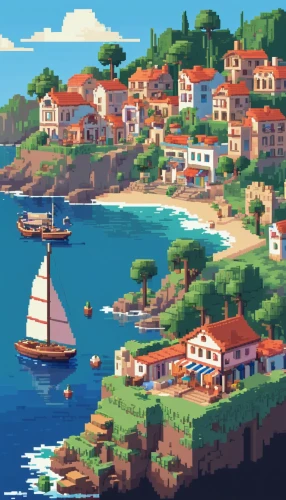 dubrovnic,fishing village,pixel art,harbor,mediterranean,samos,monkey island,portofino,seaside resort,coastal landscape,boat landscape,sea landscape,lycian,seaside country,skopelos,corsica,cavtat,greek island,seaside view,coastline,Unique,Pixel,Pixel 01