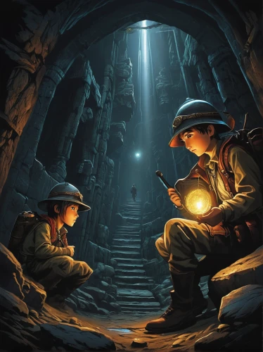 game illustration,crypto mining,indiana jones,miners,mining,gold mining,miner,caving,sci fiction illustration,children studying,underground,adventure game,forest workers,bitcoin mining,dungeons,welders,dungeon,mining facility,cave tour,play escape game live and win,Conceptual Art,Sci-Fi,Sci-Fi 25