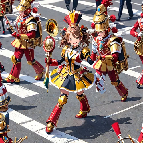 marching band,fanfare horn,majorette (dancer),parade,trombonist,ancient parade,pageantry,bandsman,brass band,marching percussion,trombone player,maracatu,military band,baton twirling,cavalry trumpet,sousaphone,marching,euphonium,trumpet player,bandleader,Anime,Anime,General