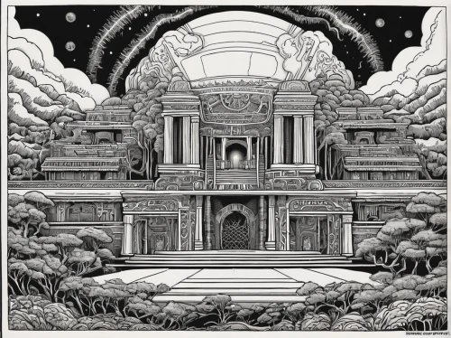 temples,mausoleum ruins,marble palace,mortuary temple,palace,temple fade,cd cover,atlantis,ruins,white temple,panopticon,ruin,sanctuary,artemis temple,stone palace,the palace,ghost castle,candi rara jonggrang,hall of the fallen,chamber,Illustration,Black and White,Black and White 14
