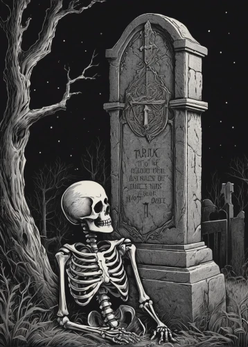 memento mori,vintage skeleton,life after death,resting place,day of the dead skeleton,days of the dead,tombstones,death notice,dance of death,tombstone,halloween illustration,grave stones,graveyard,mourning,mortality,last rest,dead sunday,skeletons,death,skeleltt,Illustration,Black and White,Black and White 01