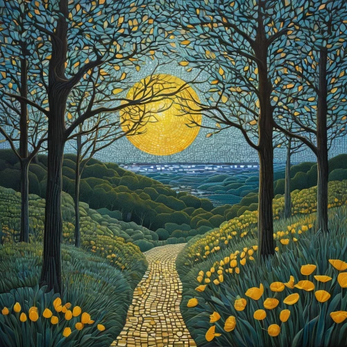 daffodil field,pathway,tree lined path,forest road,tommie crocus,carol colman,forest path,daffodils,tree grove,forest landscape,towards the garden,tree lined lane,yellow garden,vincent van gough,david bates,hare trail,hiking path,footpath,orchard meadow,tree-lined avenue,Illustration,Realistic Fantasy,Realistic Fantasy 11