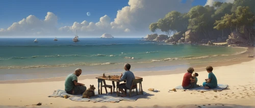 the people in the sea,people on beach,beach restaurant,raised beach,the endless sea,beach landscape,dream beach,castaway beach,seaside resort,mountain beach,sea-shore,paradise beach,beach scenery,fantasy picture,the sea,an island far away landscape,monkey island,imperial shores,caravel,seaside,Illustration,Realistic Fantasy,Realistic Fantasy 28