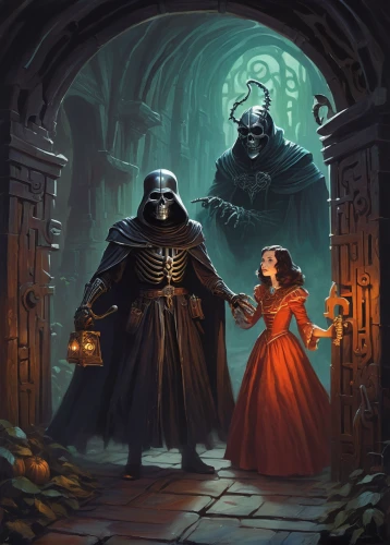 dance of death,vader,cg artwork,darth vader,hall of the fallen,sci fiction illustration,children's fairy tale,fantasy picture,monks,dungeons,danse macabre,game illustration,a fairy tale,halloween ghosts,haunted castle,encounter,doctor doom,stroll,the threshold of the house,fairy tale,Illustration,Retro,Retro 09