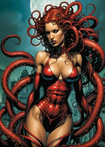 medusa,medusa gorgon,darth talon,gorgon,scarlet witch,red super hero,black widow,red lantern,red chief,tentacles,red fly,polyp,tentacle,fantasy woman,red,root chakra,red-haired,wanda,red head,siren,Illustration,American Style,American Style 02