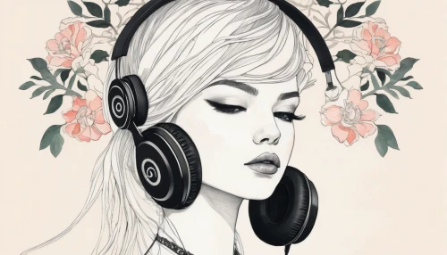 listening to music,headphone,audiophile,headphones,music player,music,listening,earphone,lotus art drawing,hearing,audio player,vector illustration,boho art,digital illustration,head phones,vintage drawing,vintage illustration,retro music,telephone operator,vintage girl,Illustration,Abstract Fantasy,Abstract Fantasy 05